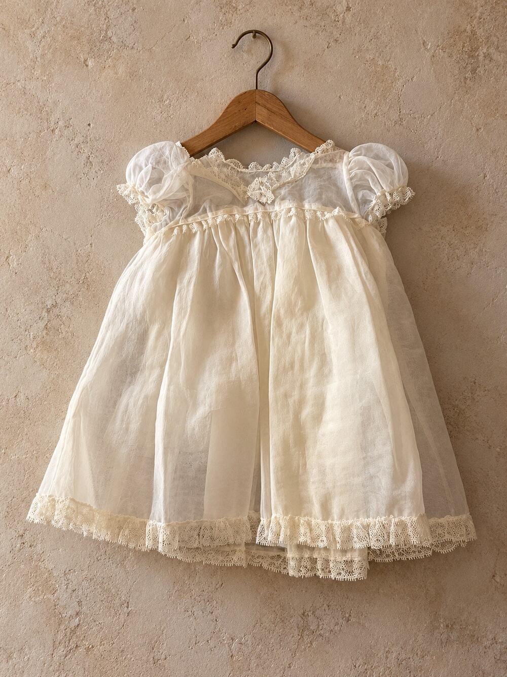 Vintage Ivory Lace Baby Dress Puff Sleeve Christening Heirloom 6 Months
